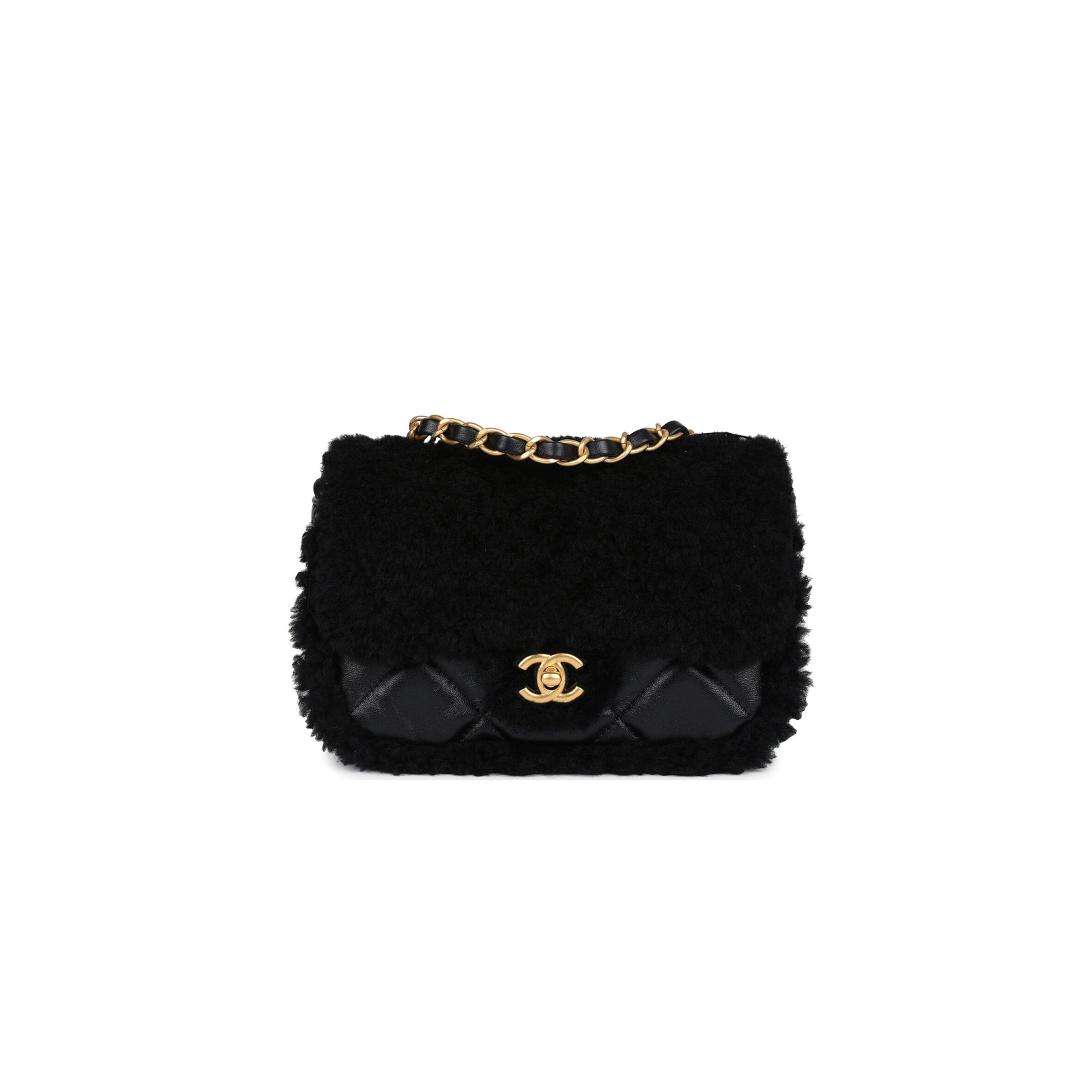 CHANEL MASTER MINI SHEARLING FLAP BAG BLACK LAMBSKIN BRUSHED GOLD HARDWARE AS5148 (18*12*6cm)